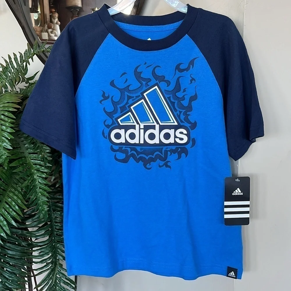 Brand New Adidas Blue Colorblock Shirt Fire Flames Graphic Print Athletic Top